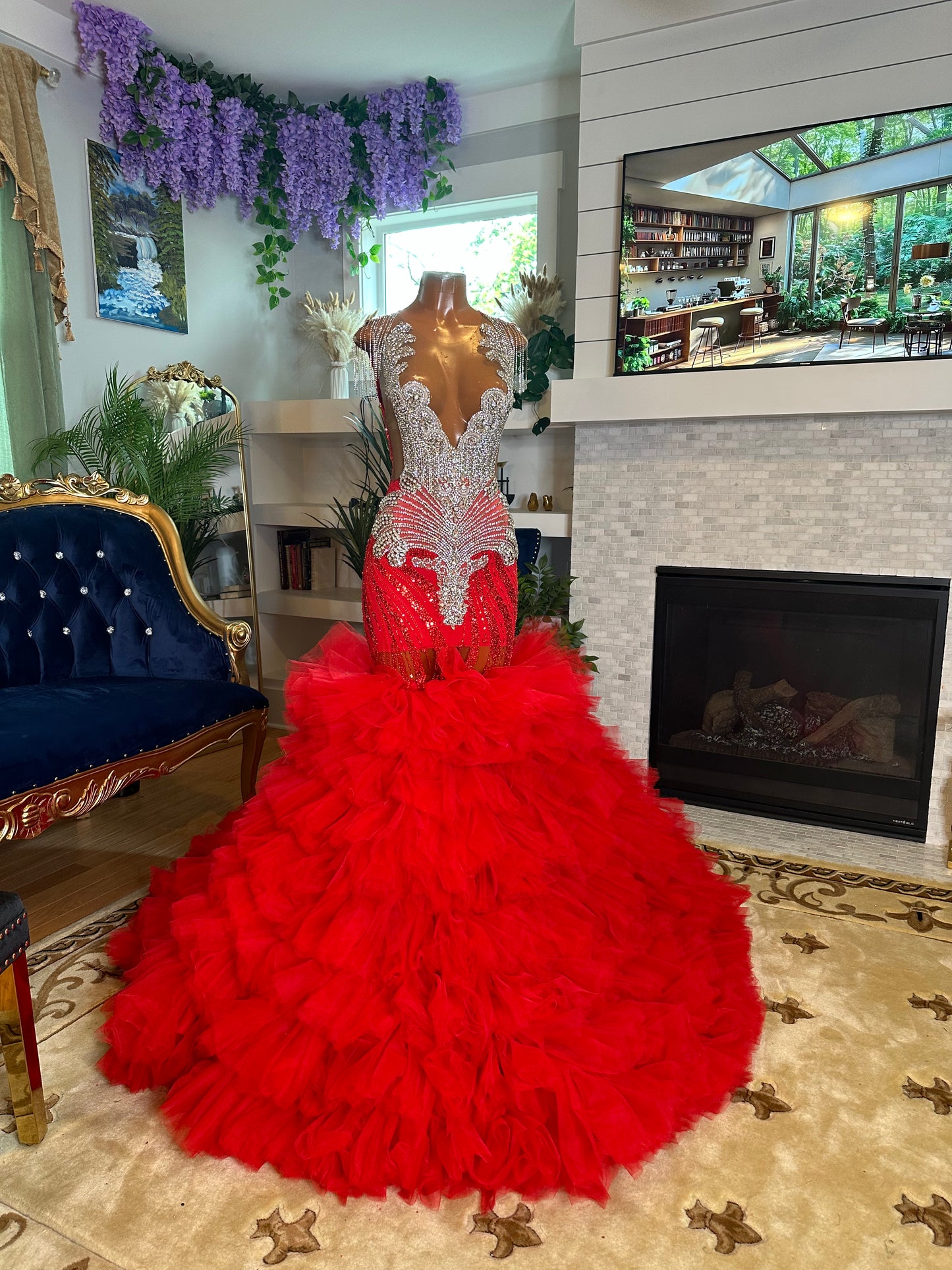 Ruby Red Glitter Tulle Gown