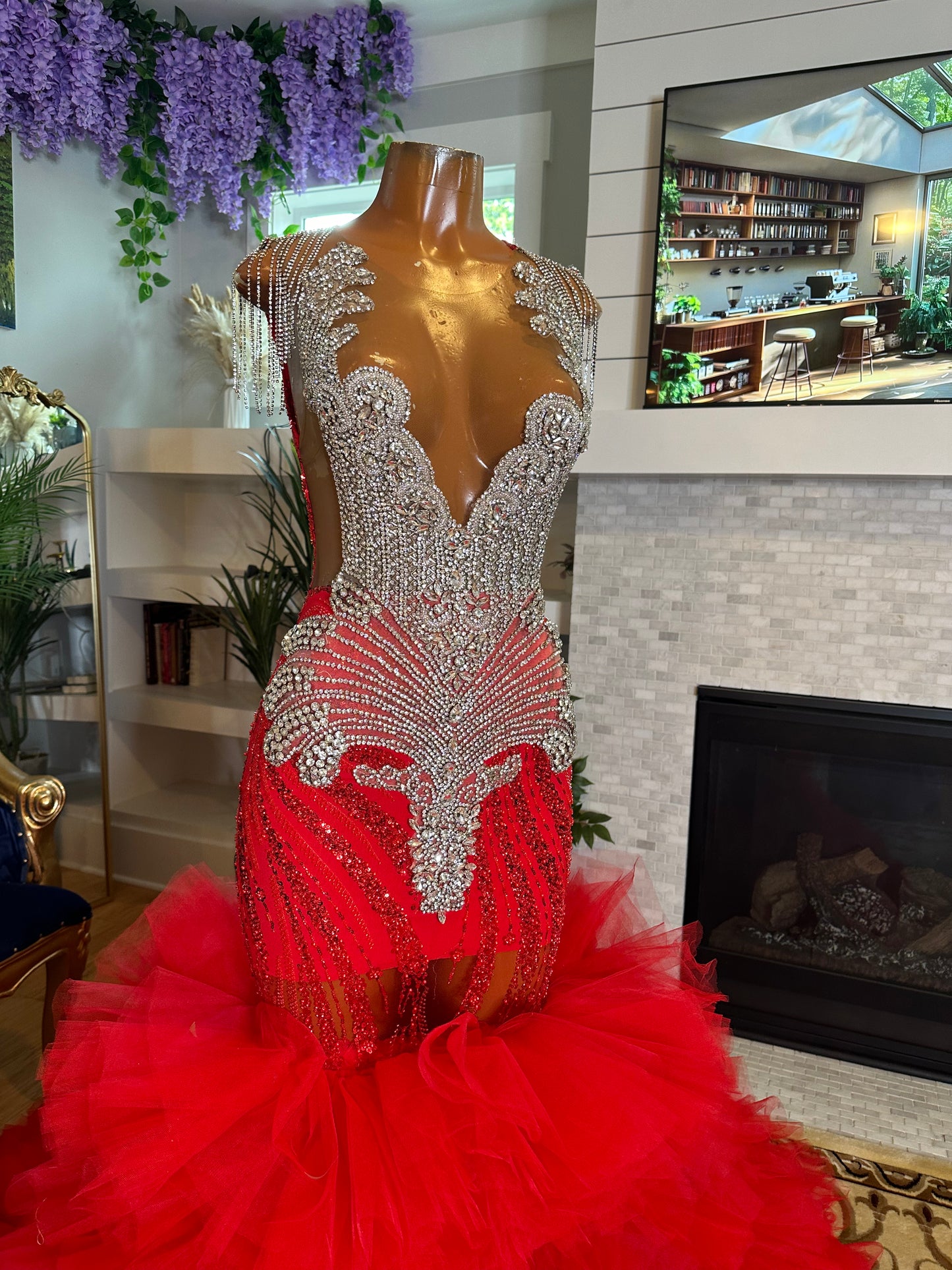 Ruby Red Glitter Tulle Gown