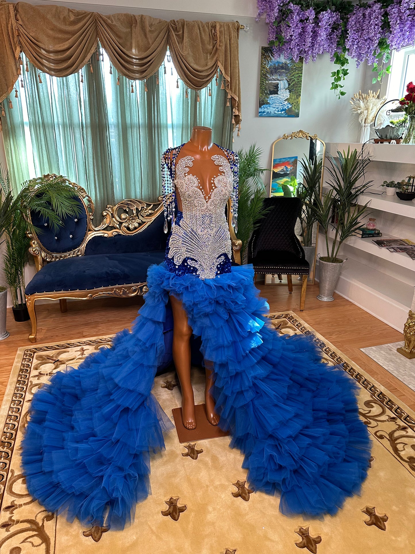 Sparkling Blue Crystal Tulle Gown