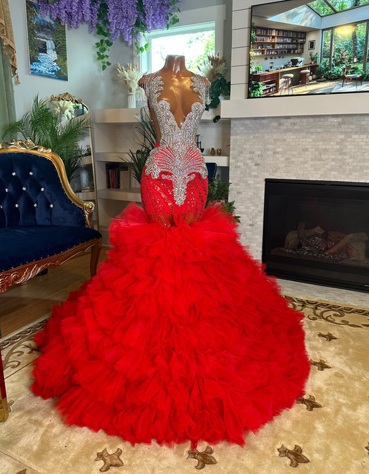 Ruby Red Glitter Tulle Gown