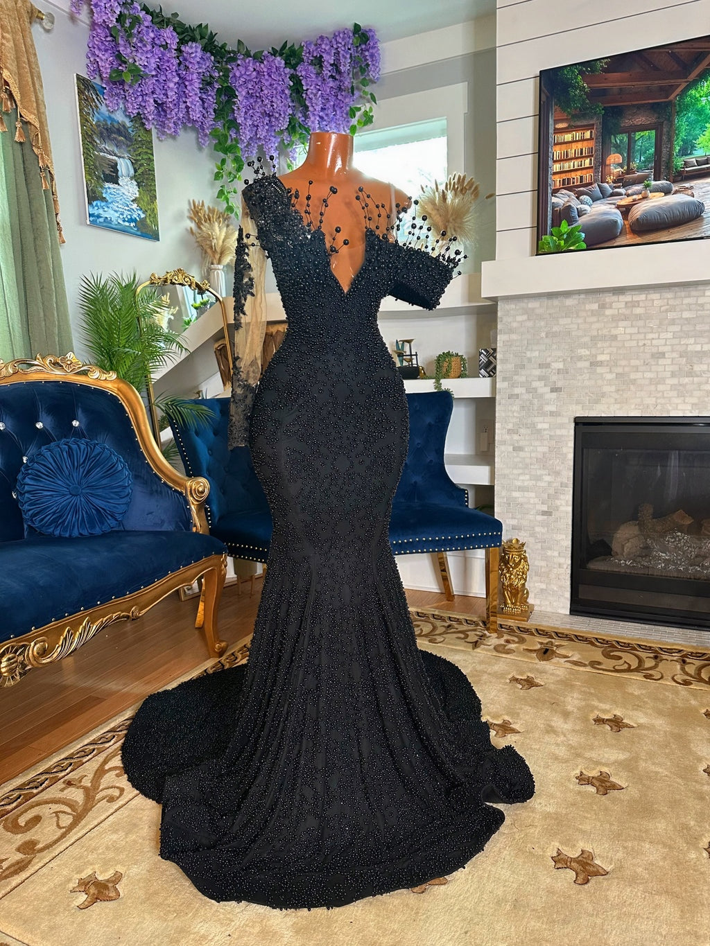 black and pearl prom dress Veaul 2026 Elegant Black Pearl Prom Dresses 2023 Ball Gown Off-The-Shoulder Sleeveless Backless