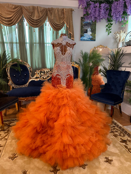 Laced Orange Sequin Tulle Gown