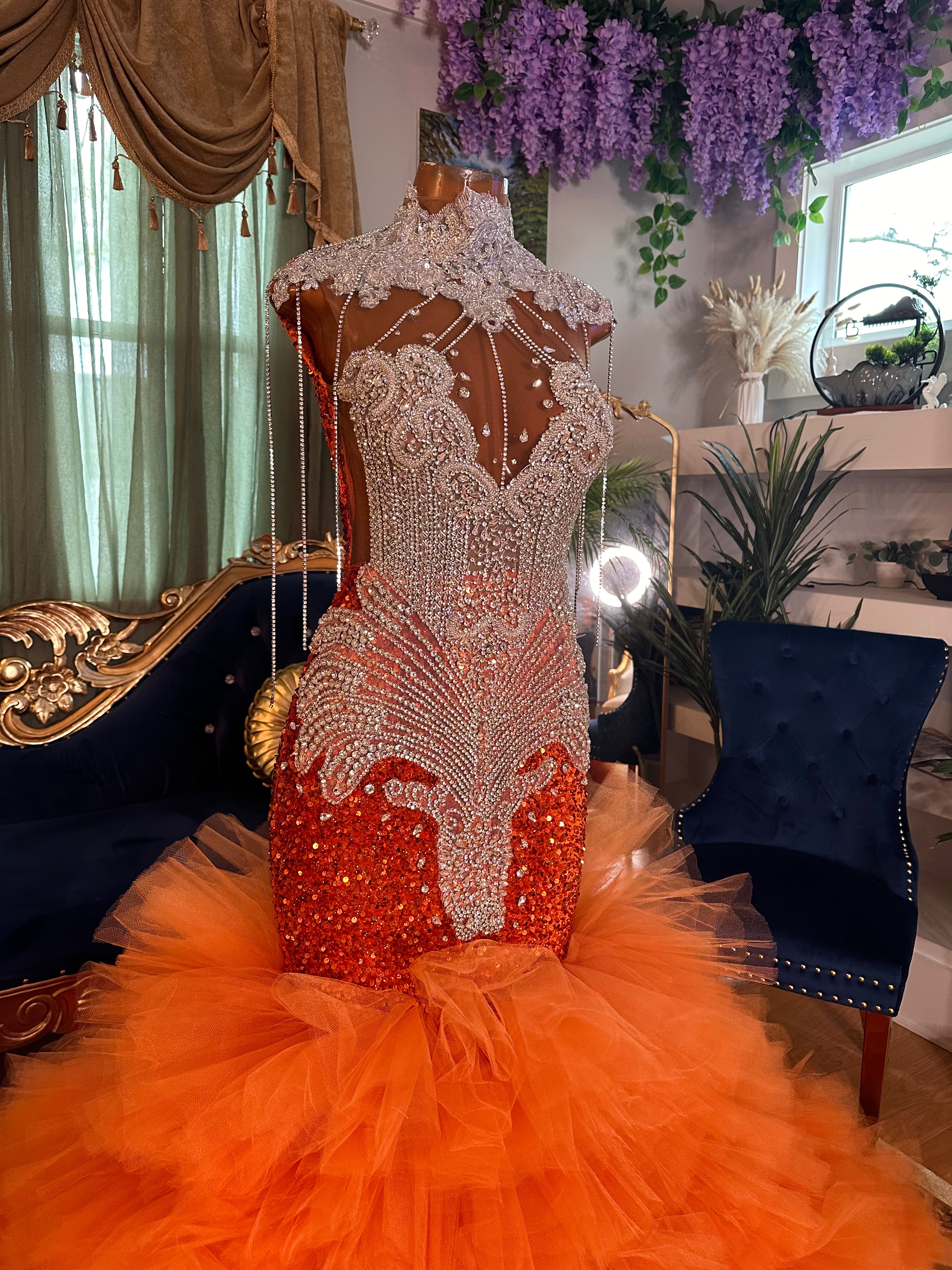 Laced Orange Sequin Tulle Gown