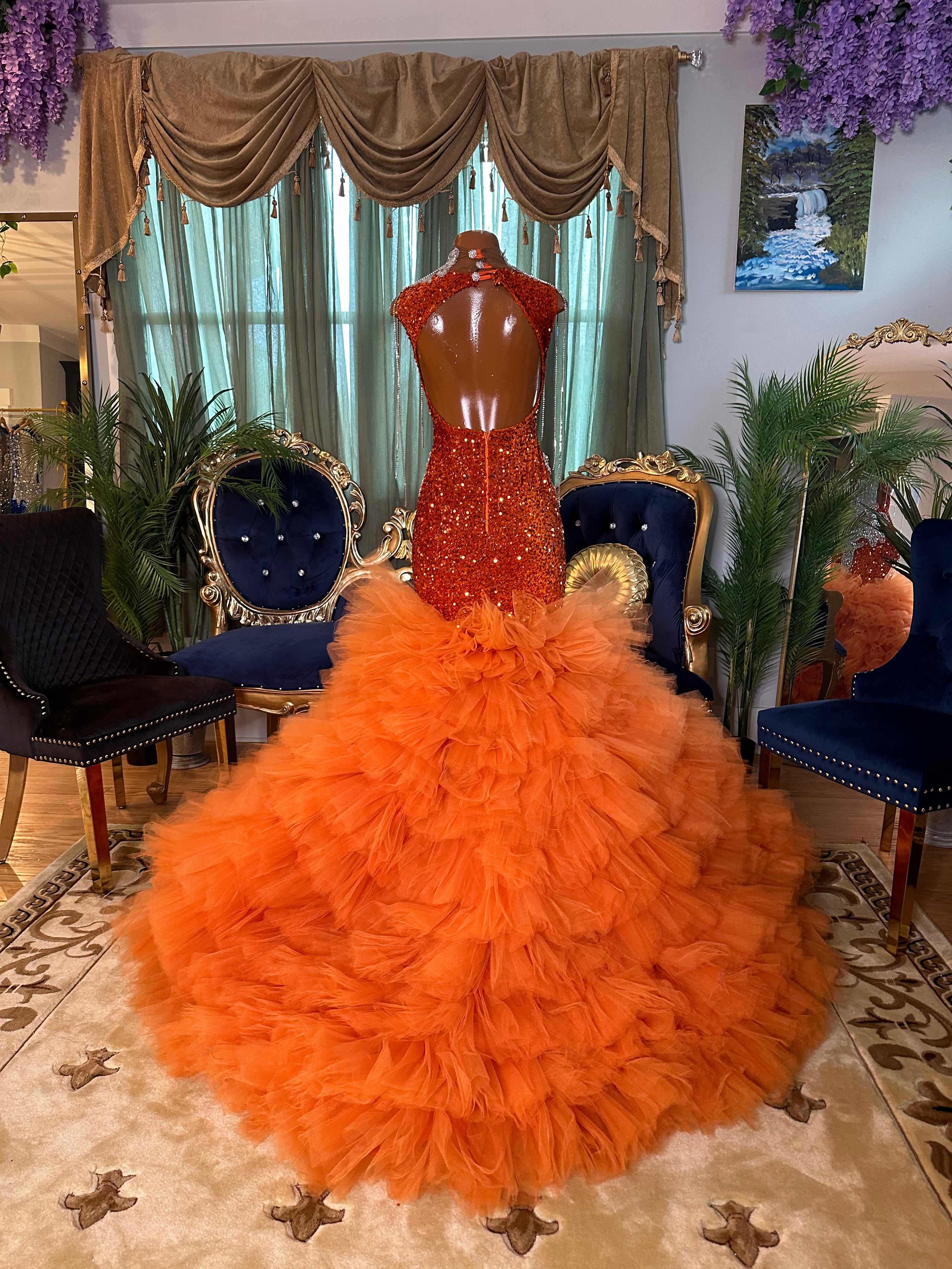 Laced Orange Sequin Tulle Gown