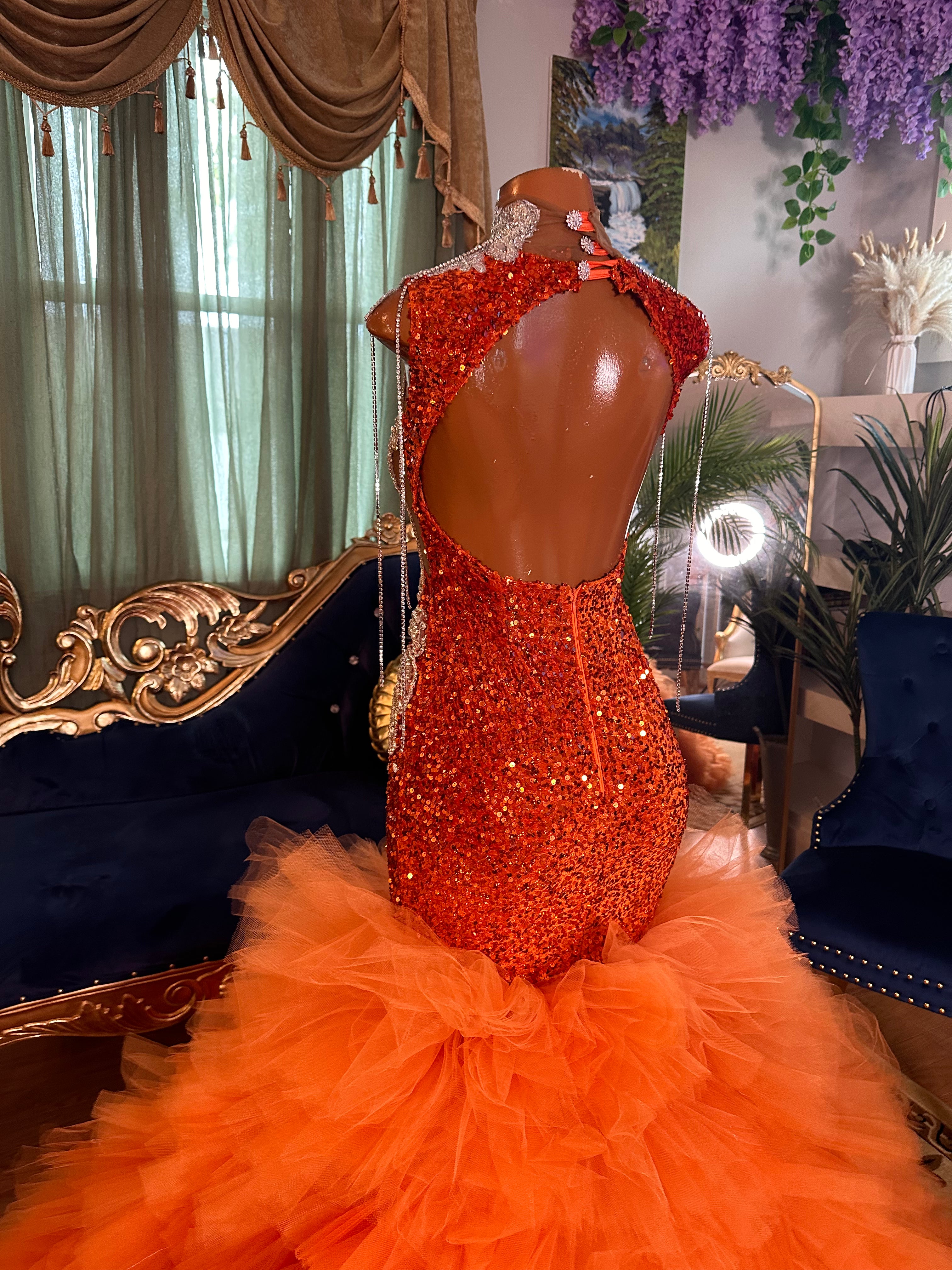 Laced Orange Sequin Tulle Gown