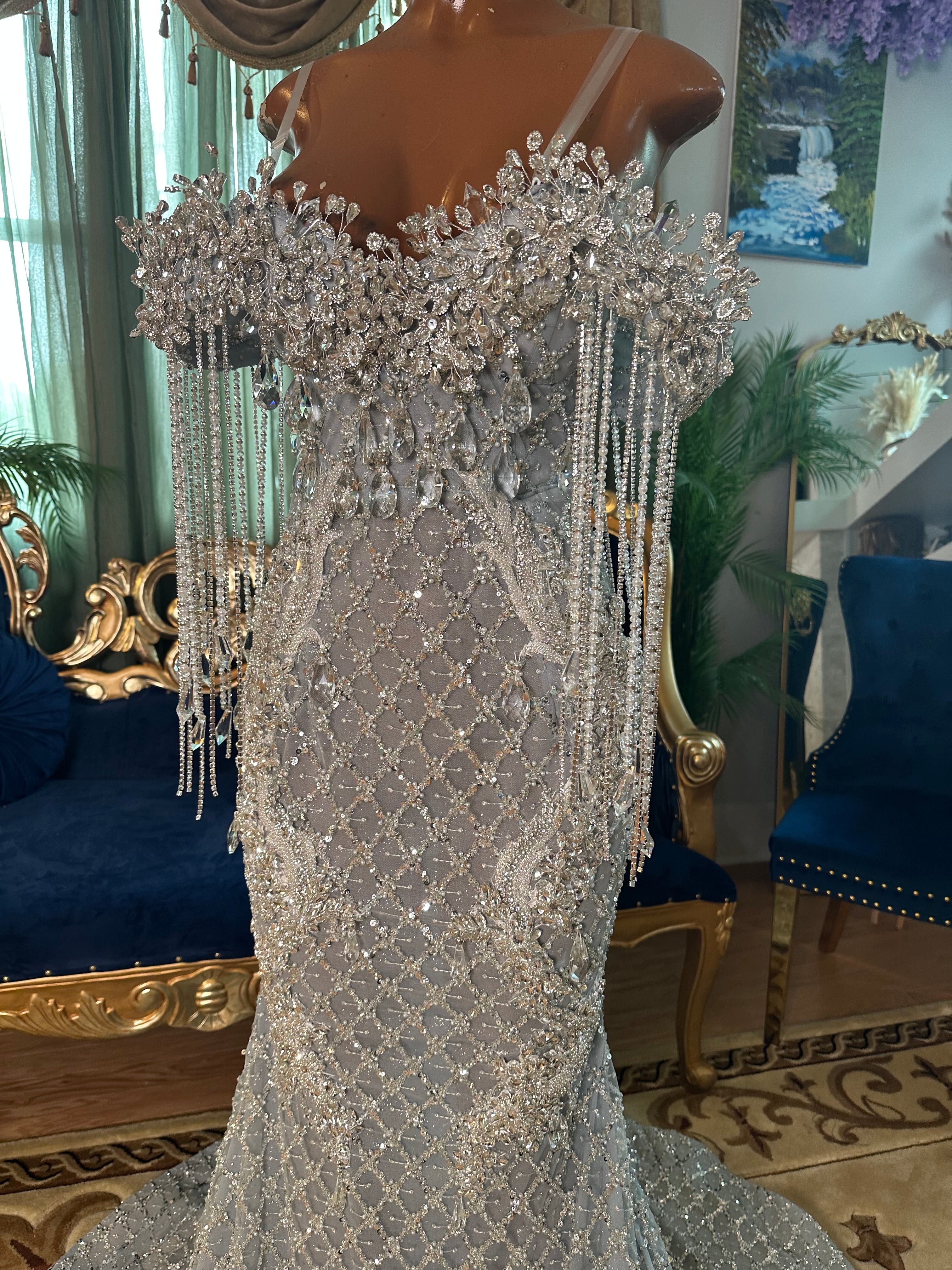 ariel silver dress profile event Sparkling Silver Chandelier Gown