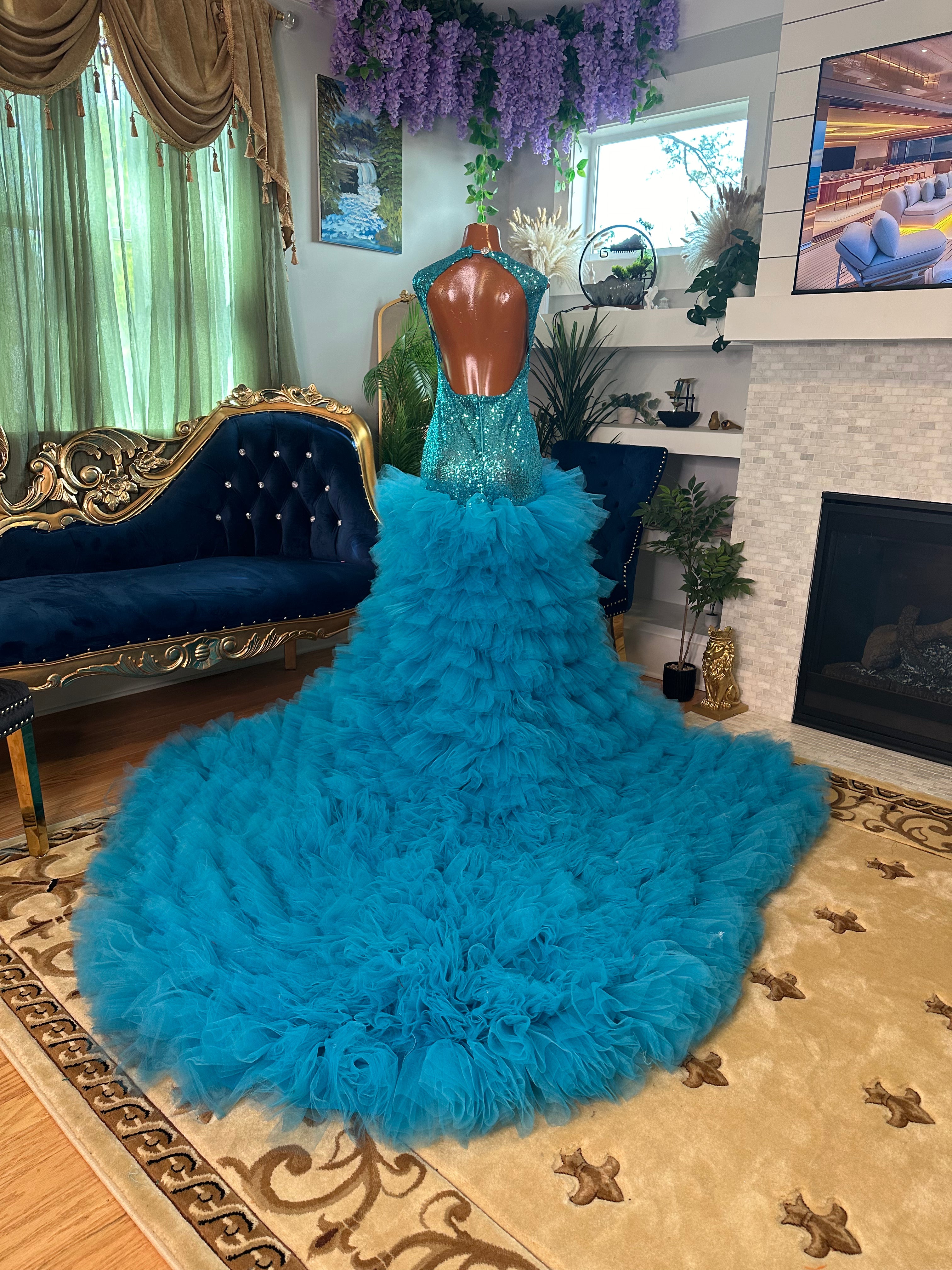 turquoise designer dress Gothic Turquoise Blue Sequin Evening Gown with One Shoulder and Side Slit