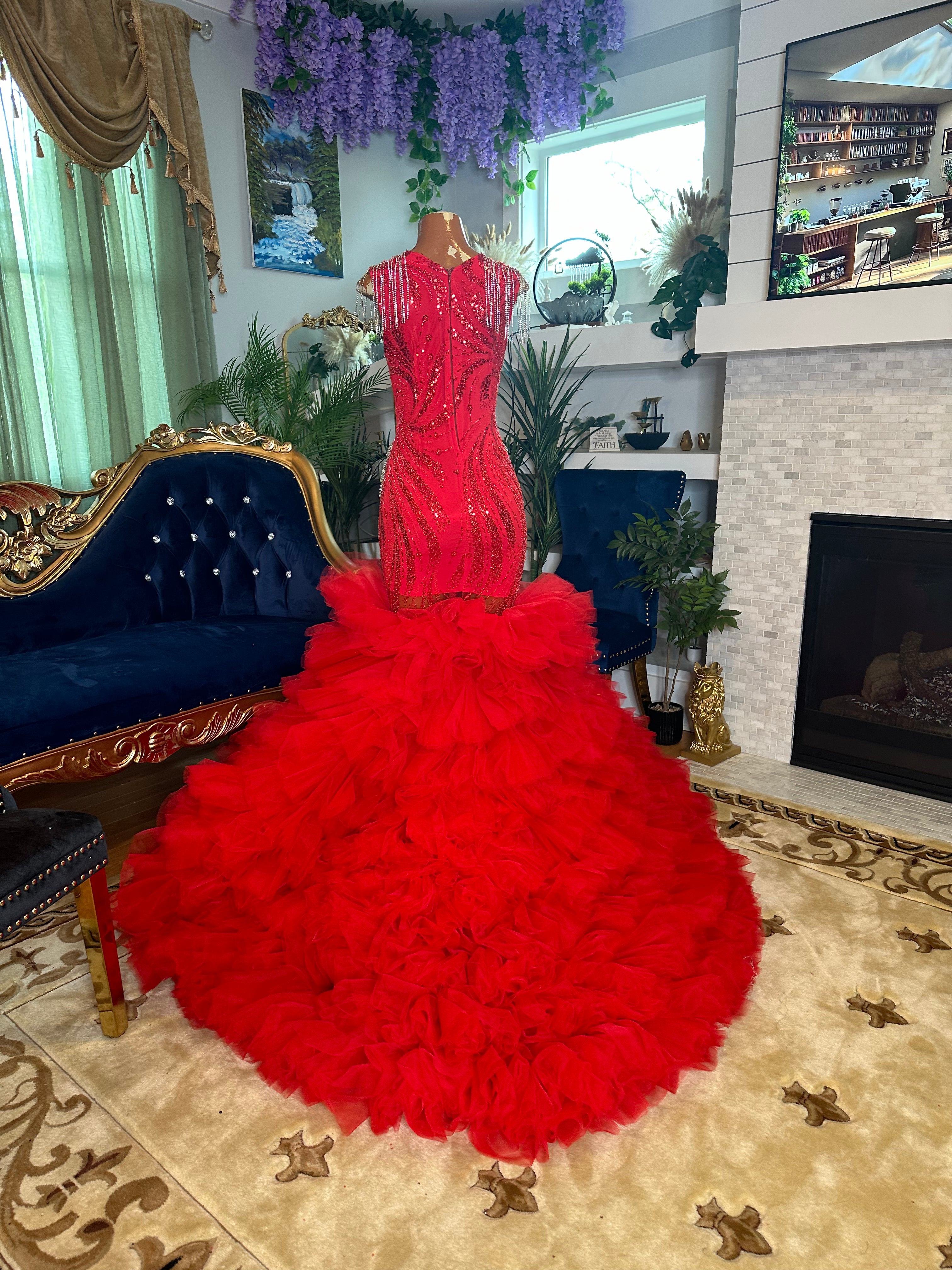 Ruby Red Glitter Tulle Gown