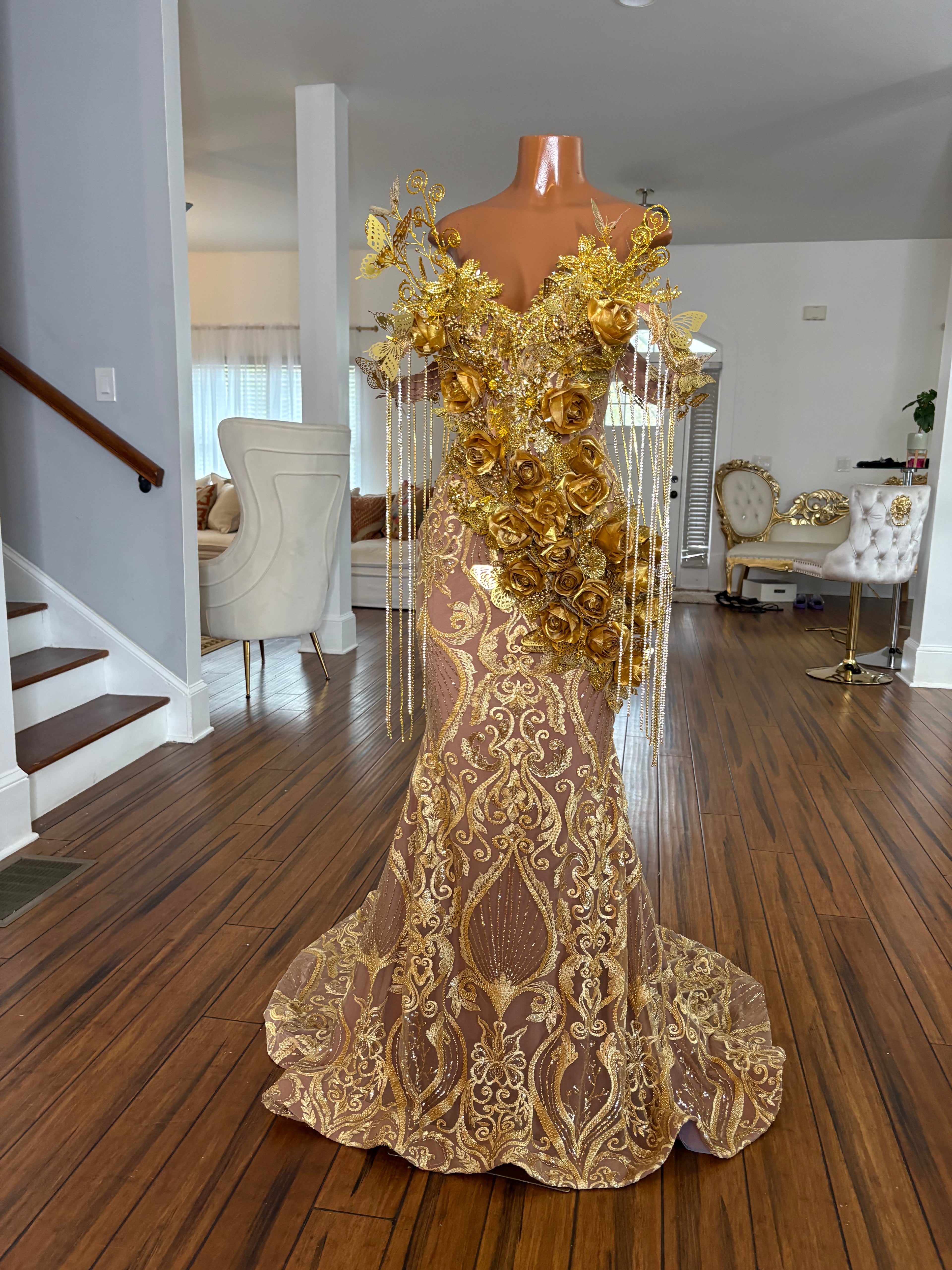 Golden Butterfly Rose Gown