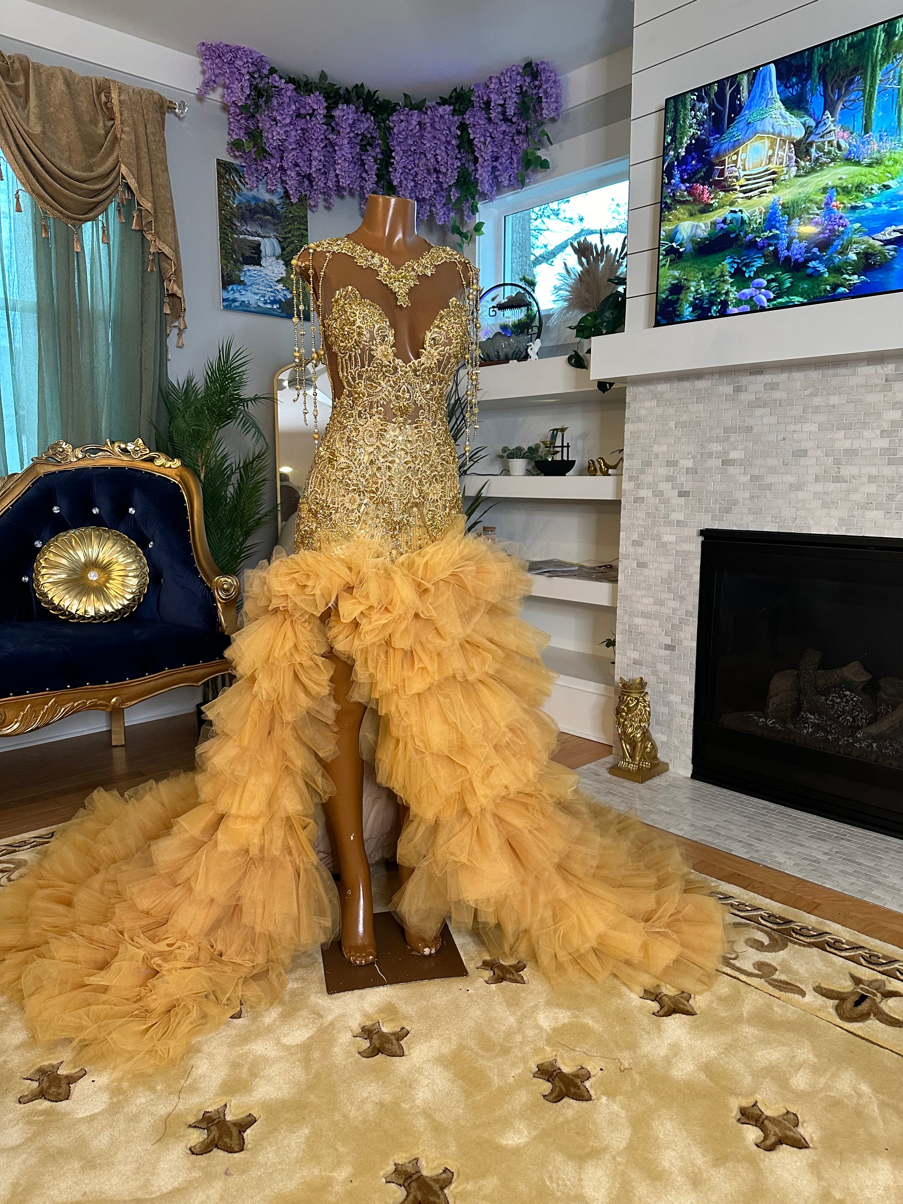Golden Crystal Tulle Gown