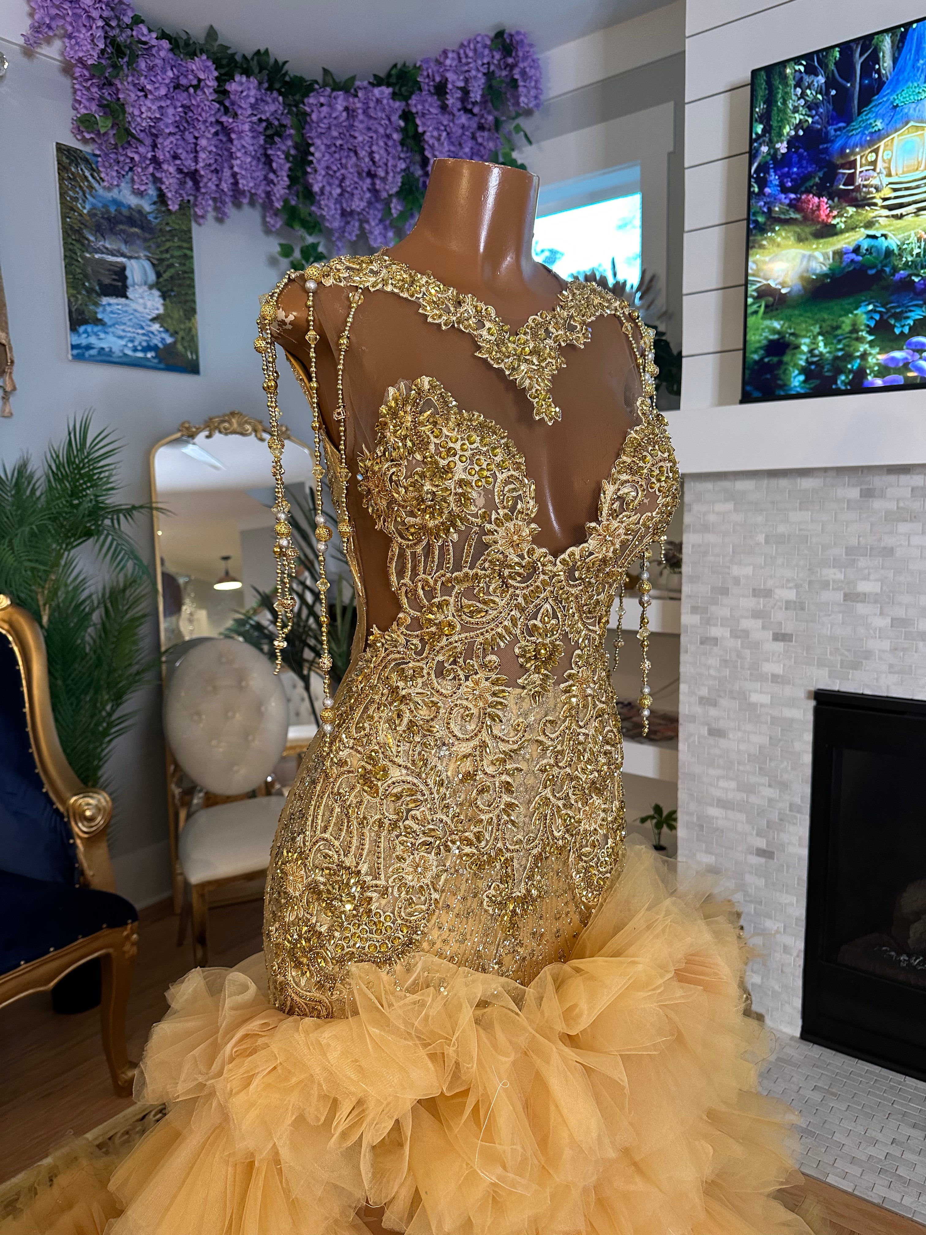 Golden Crystal Tulle Gown