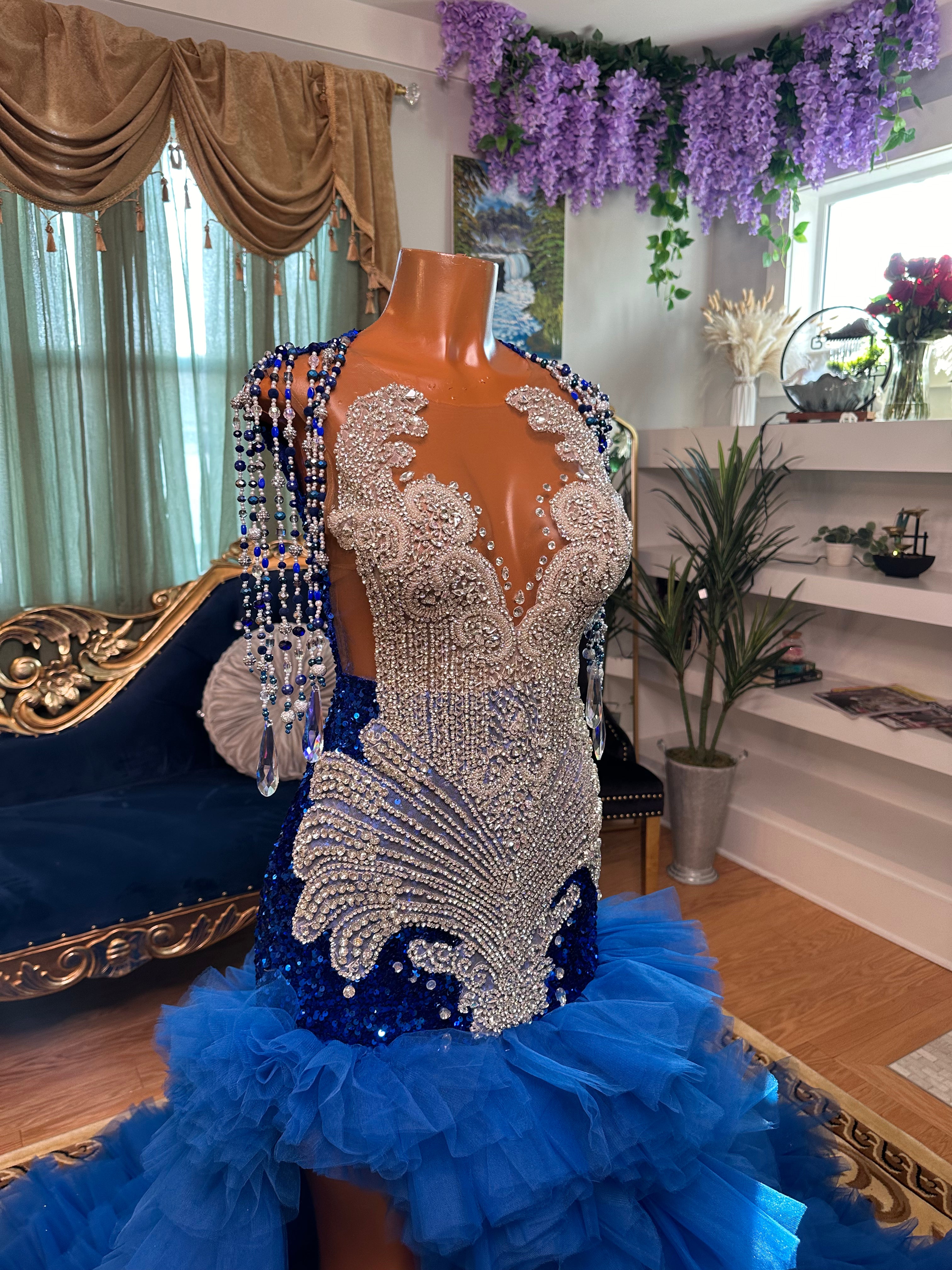 Sparkling Blue Crystal Tulle Gown