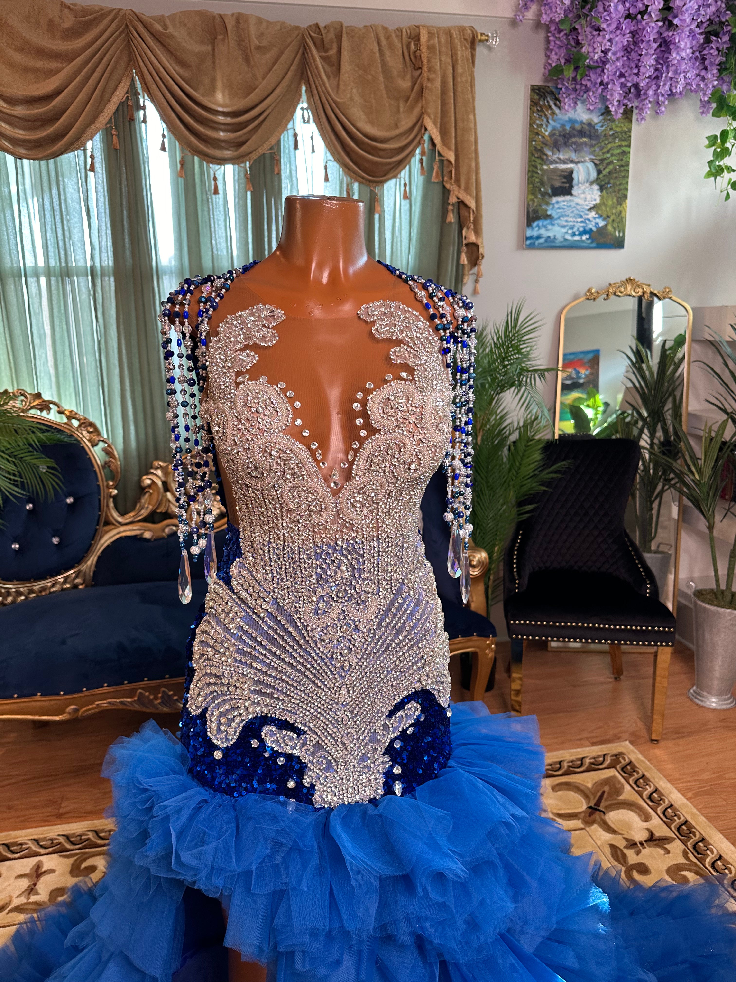 Sparkling Blue Crystal Tulle Gown